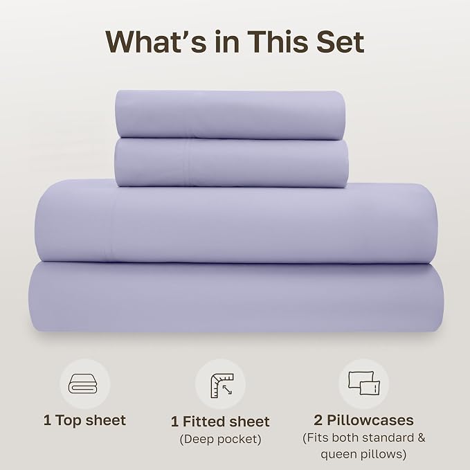 California Design Den 100% Organic Cotton Queen Size Bedsheets Set, 4 Pcs | GOTS Certified, Lightweight Crisp & Airy Percale For Hot Sleepers, 15" Deep Pocket, Durable, Easy Care - Lavender Mist