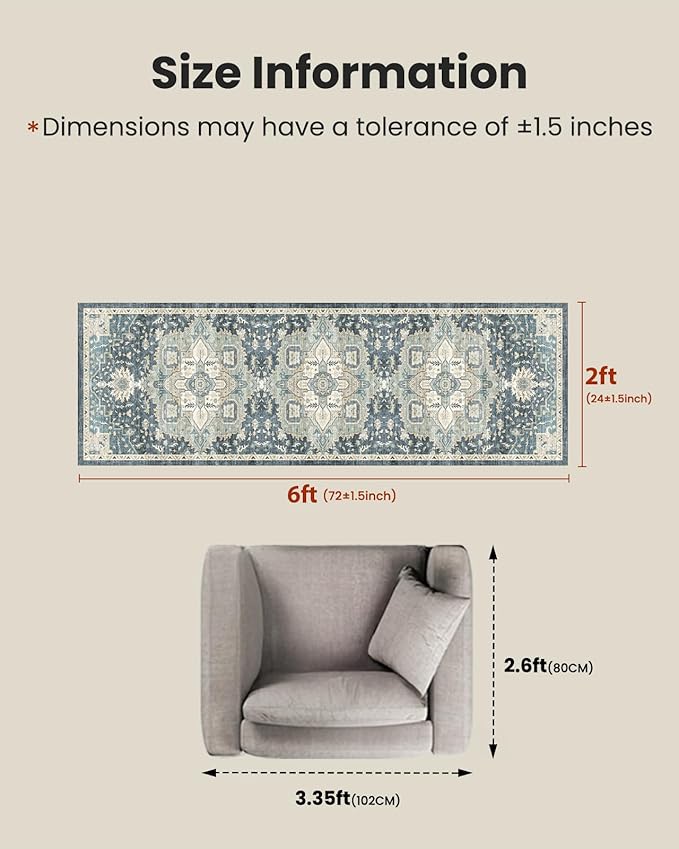 AMADA HOMEFURNISHING 2x6 Washable Runner Rug, Low-Profile Kitchen Rugs with Non-Slip Backing & Durable Edge Binding, Vintage Entryway Runner Rug for Bedroom & Hallway