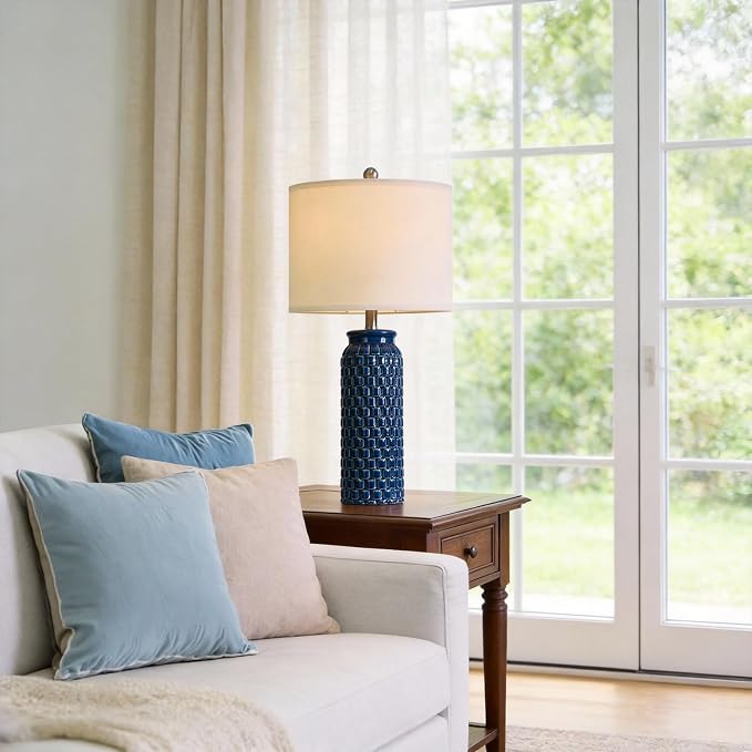 USumkky 27" Ceramic Table Lamps Set of 2 - Modern Farmhouse & Boho Style, Bedside Nightstand Lamps for Bedroom, Living Room End Table Lamps, Small Desk Lamp(Blue)
