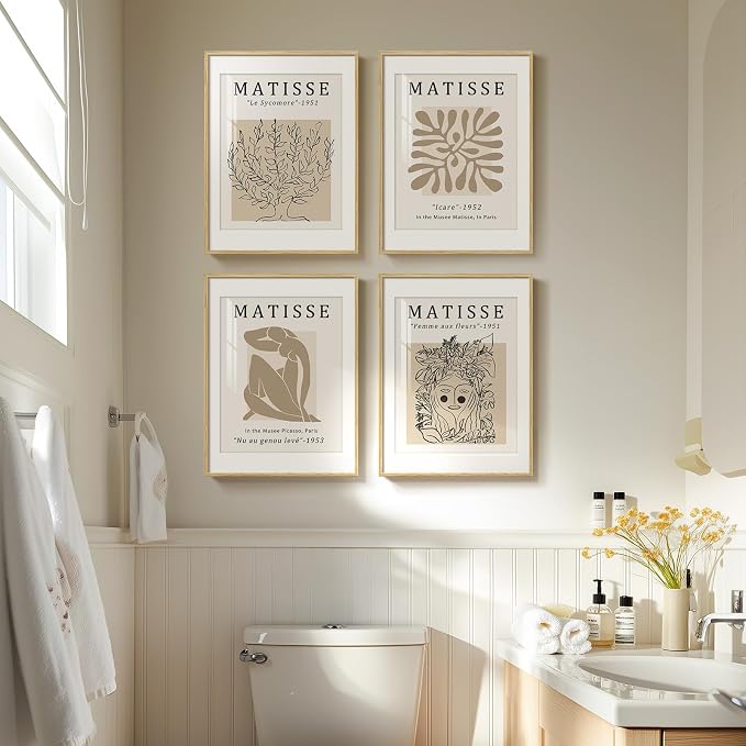 Framed Neutral Beige Matisse Abstract Wall Art for Bathroom, 12x16 Inch | Set of 4, Modern minimalist, Botanical prints, Living room, Dining room, Bedroom, Home office decor