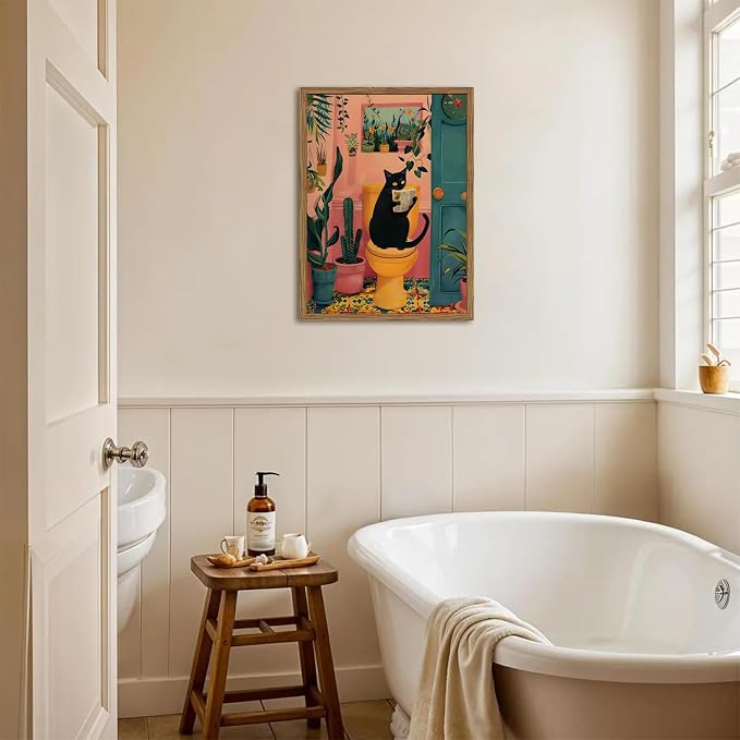 Funny Black Cat Bathroom Wall Art Whimsical Cat Reading Newspaper on Toilet Wall Decor Picture Cute Animal Bathroom Poster Canvas Painting Prints for Restroom 16x24 inch Framed