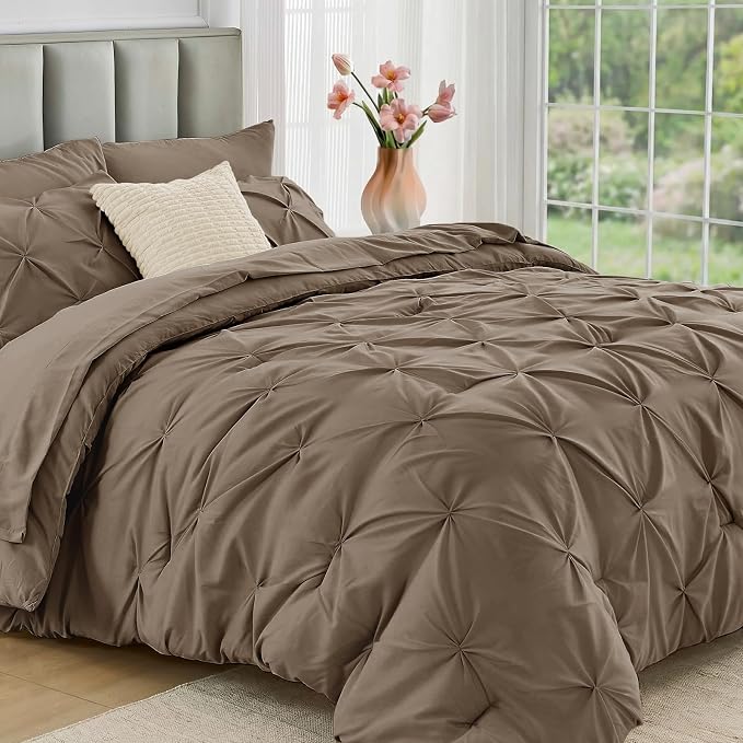 JOLLYVOGUE Twin Comforter Set 5 Pieces - Bed in a Bag Twin for All Season, Pintuck Bedding Comforter Sets with Comforter, Flat Sheet, Fitted Sheet and Pillowcases & Shams, Brown
