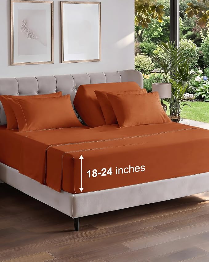 Extra Deep Flex Top Split Head King Sheet Set - 6 Piece Breathable and Cooling Sheets - Hotel Luxury Bedding for Women, Men, Kids & Teens - Easy Secure Fit - Extra Deep Pockets - Terracotta