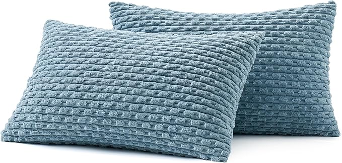 MIULEE Lumbar Decorative Throw Pillow Covers 12x20 Blue Grey Corduroy | Textured Striped Pack of 2 Striped Pillow Covers Modern Farmhouse Coastal Home Decor for Couch Bed Sofa Living Room