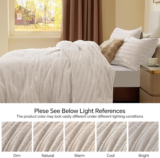BEDELITE Faux Fur King Size Comforter Set, Fluffy Bed Set, Linen | Super Soft & Warm, Luxury Fuzzy Cozy Comforter for Winter, Heavy Plush Bed set, with 2 Pillowcases