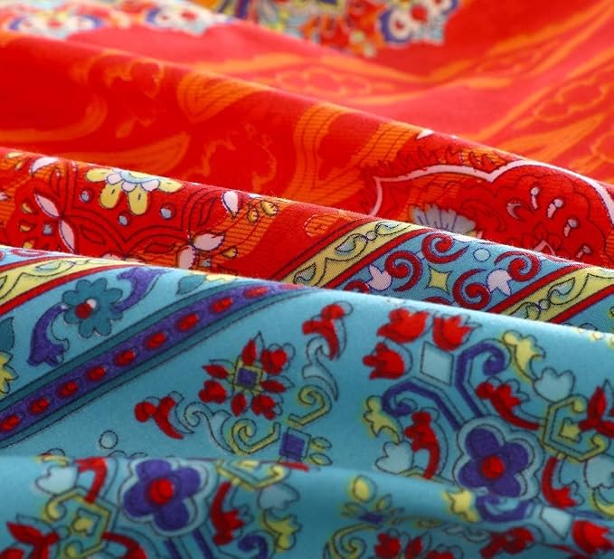 Bohemian Queen Comforter Set Soft Chic 3 Pieces Bedding Boho Comforter Set Lightweight Exotic Red Teal Mandala Colorful Vintage Comforter Bed Set for All Seasons