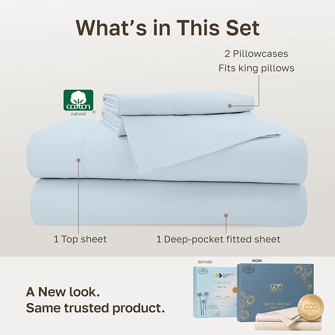 California Design Den Softest 100% Cotton Sateen King Sheets Set, 4 Pcs | 500 Thread Count Backed by Good Housekeeping Seal, 16" Deep Pocket, All-Around Elastic, Easy Care - Blue (Grey Tone)