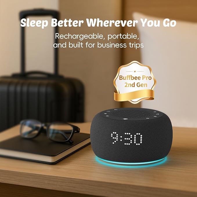 Buffbee Pro 2nd Gen| Sound Machine, Alarm Clock with Bluetooth Speaker | Upgraded Rechargeable Battery, White Noise Machine with 25 Sleep Sounds, Portable for Travel & Bedroom