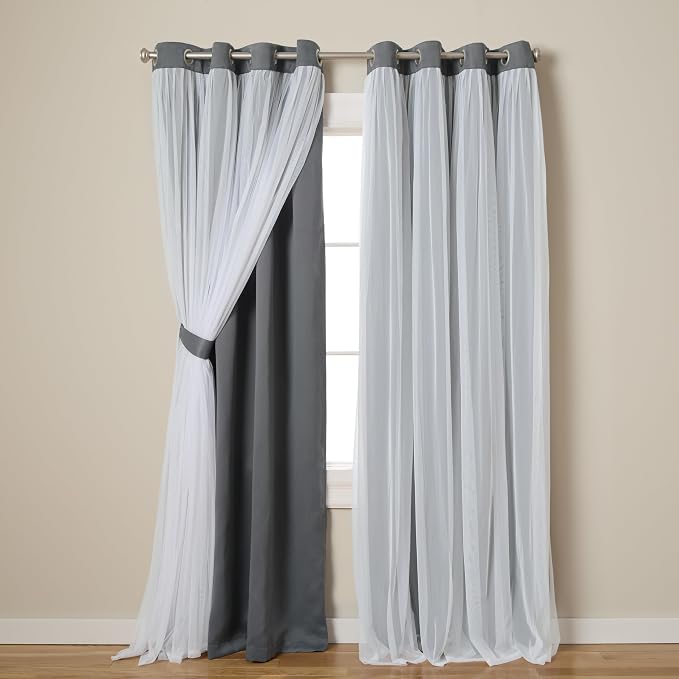 TOWN & COUNTRY LUXE Talia Double Layer Indoor Curtains, Sheer and Room Darkening Blackout, Grommet Top, Energy Efficient, 2-Pack Set, 52"x108", Black Pearl