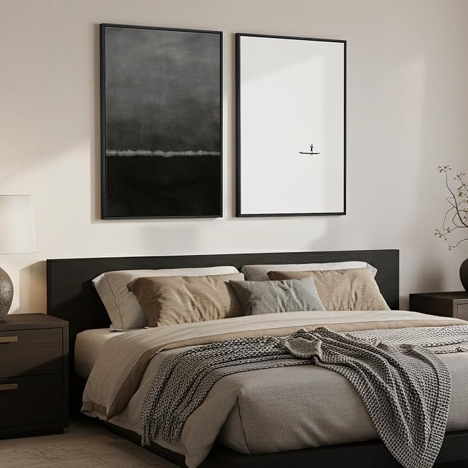 Framed Black and White Abstract Wall Art for Living Room Set of 2, 24x36 In | Seascape, Canvas prints, Black gray tones, Modern paintings, Minimalist pictures, Wood frame, Bedroom, Dining room wall decor