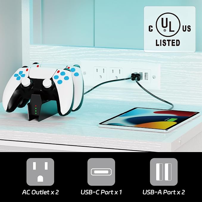 LED Night Stand with Charging Station Set of 2, 3 Fabric Drawer, White | Nightstand Bedside Table with USB Ports and Outlets, End Side Table Night Stand for Bedroom with Storage Shelf and Hooks