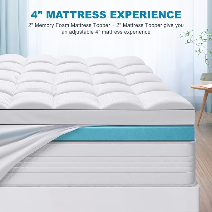 MASVIS California King Size Dual Layer 4 Inch Memory Foam Mattress Topper, 2 Inch Gel Memory Foam and 2 Inch Cooling Pillow Top Mattress Pad Cover for Back Pain, Medium Support
