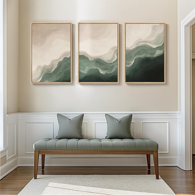 Large Framed Green and Beige Abstract Wall Art, 3 Piece Set, Each 20x30 In | Modern neutral picture, Canvas prints, Minimalist painting, Artwork for walls, Wall decor for living room dining room bedroom