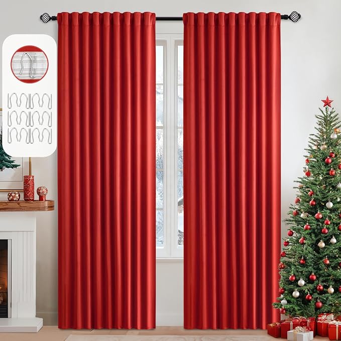 MIULEE Christmas Red Back Tab Blackout Curtains 52x84 Inch Length 2 Panels | Rod Pocket Pinch Pleated, Thermal Insulated, Room Darkening, Light Blocking, Privacy Curtains for Living Room Bedroom