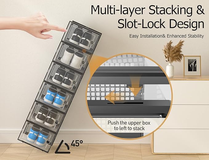 Kuject XX-Large Shoe Storage Boxes 12 Pack, Clear Stackable Shoe Organizer | Shoe Case for Closet, Entryway & Under-Bed Storage, Drop-Front Design, Space-Saving Solution for Family Organization,Black