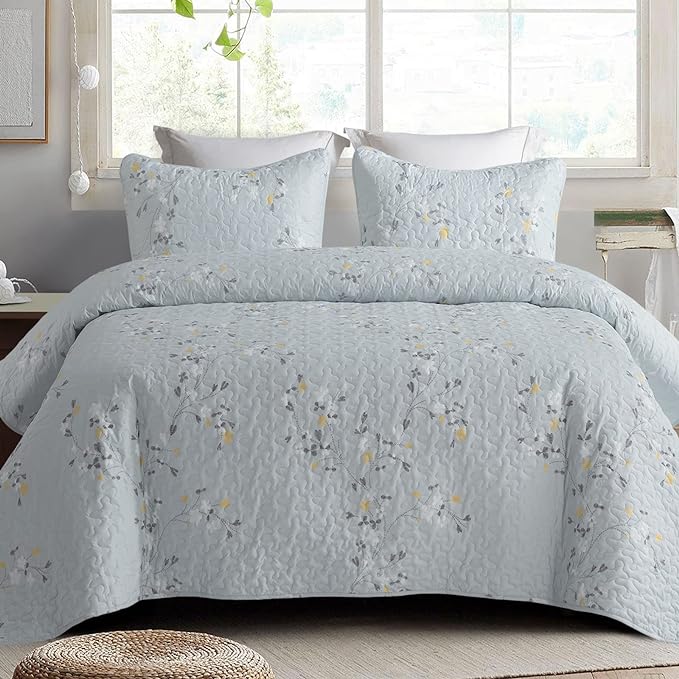 Exclusivo Mezcla Reversible Boho Quilt King Size Light Blue | Lightweight Soft Bedspreads, All Season Flowers Coverlet Bedding Set, Printed Floral Pattern, 1 Quilt and 2 Pillow Shams