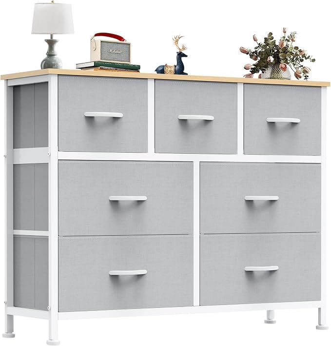 OLIXIS 7 Drawer Fabric Dresser, Storage Tower for Bedroom and Closet | Easy-Pull Bins for Closet Organizers, Chest of Drawers with Steel Frame & Wooden Top for Living Room, Entryway, Light Gray