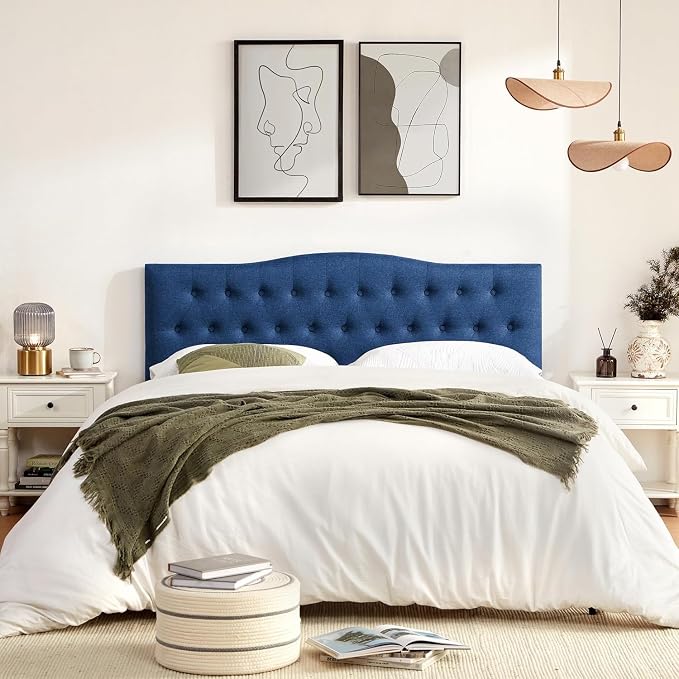 Tufted Headboard Full Size, Solid Wood Adjustable Height Head Board, Blue | Upholstered Full XL Headboard Only with Durable Solid Wood Legs, Adjustable Height 37-51 in, Fabric Button Diamond HeadBoards