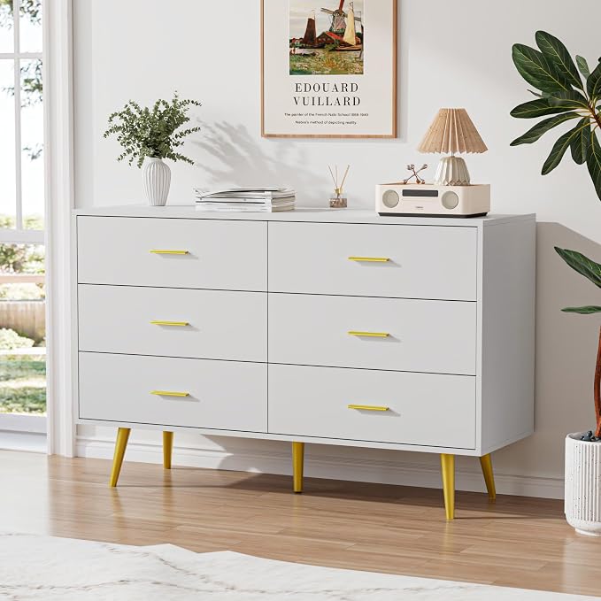 White 6 Drawer Dresser for Bedroom, 47" Wood Dresser with Gold Handles. | Modern Dressers & Chests of Drawers for Living Room, Hallway, Entryway.