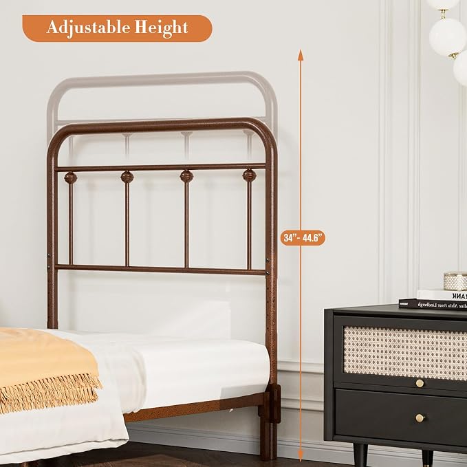 Victorian Metal Twin/Twin XL Headboard, Adjustable Height, Brown | Sturdy Steel Twin Size Head Board Only, Bed Frame Brackets Adapter, Farmhouse Vintage Style, Easy Assembly