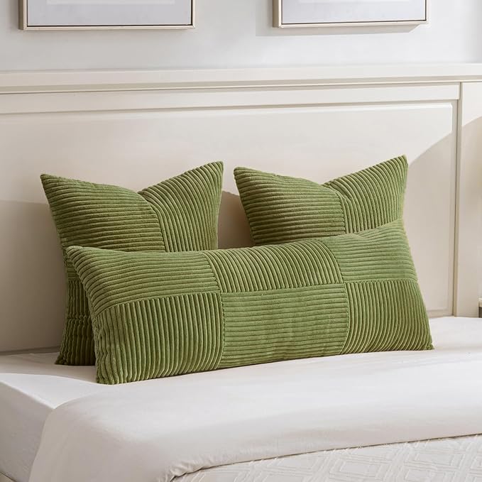Fancy Homi 2 Packs Moss Green Euro Decorative Throw Pillow Covers 26x26 Inch for Bedroom Couch Bed, Farmhouse Boho Home Decor, Soft Corss Corduroy Patchwork Textured Square Cushion Case 66x66 cm