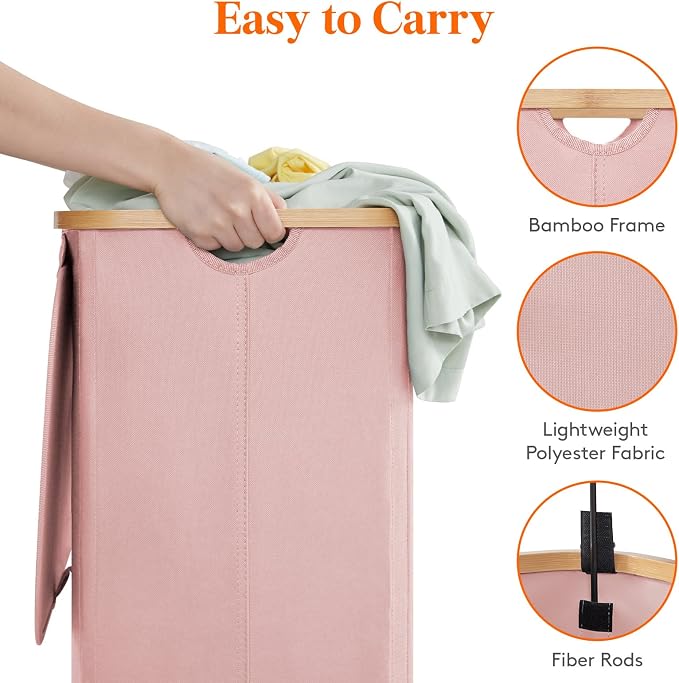 Lifewit 80L Laundry Basket with Lid, Clothes Hampers for Laundry with Bamboo Handles and 1 Removable Bag, Large Foldable Laundry Hamper for Bedroom, Bathroom, Dorm, Laundry Room, Pink