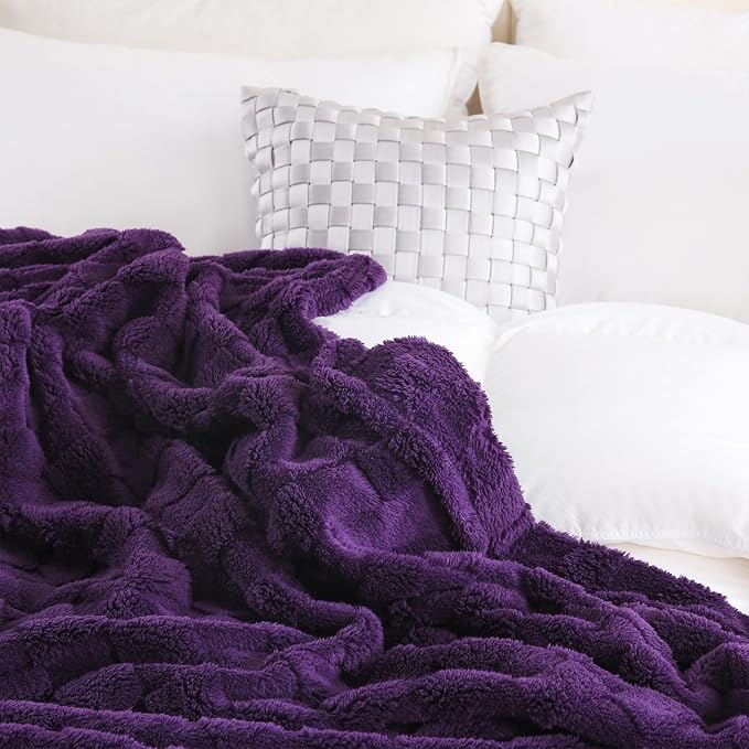 Deep Purple Fleece Throw Blanket 50”×60”Checkered Design for Couch | Super Soft Cozy Plush Microfiber 3D Square Pattern Flannel Blanket for Sofa Bed Lightweight for Adults,Women
