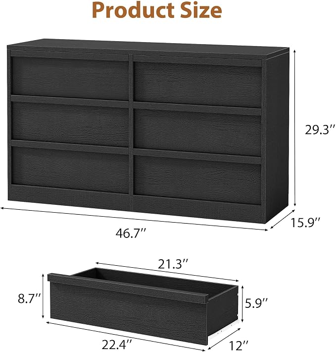 Garvee 6 Dresser for Bedroom, 46.7" Wide Dresser, Freestanding Horizontal Drawer with Storage, Wooden Closet Chest Storage for Living Room, Hallway, Entryway, Black