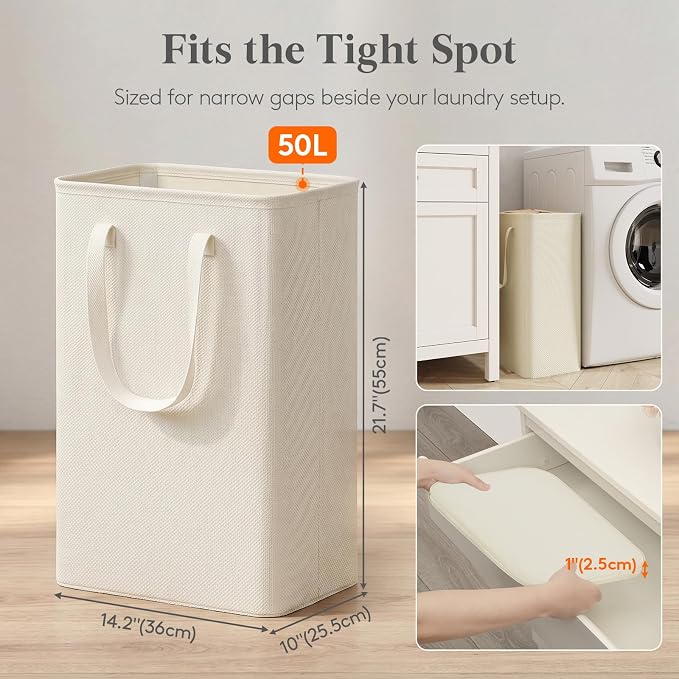 Lifewit Slim Collapsible Laundry Basket with Handles, 50L, Ivory | Narrow Laundry Hamper for Dirty Clothes, Tall Thin Laundry Bin, Small Clothes Hamper for Bathroom, Bedroom, RV, Dorm