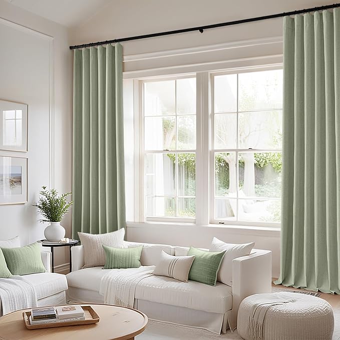 MIULEE 100% Blackout Back Tab Pleat Linen Curtains 50" Wx108 L,Sage Green | 2 Panels,Thick Faux Linen,Textured Drapes,with Hooks,for Bedroom Living Room,Black Out,Room Darkening
