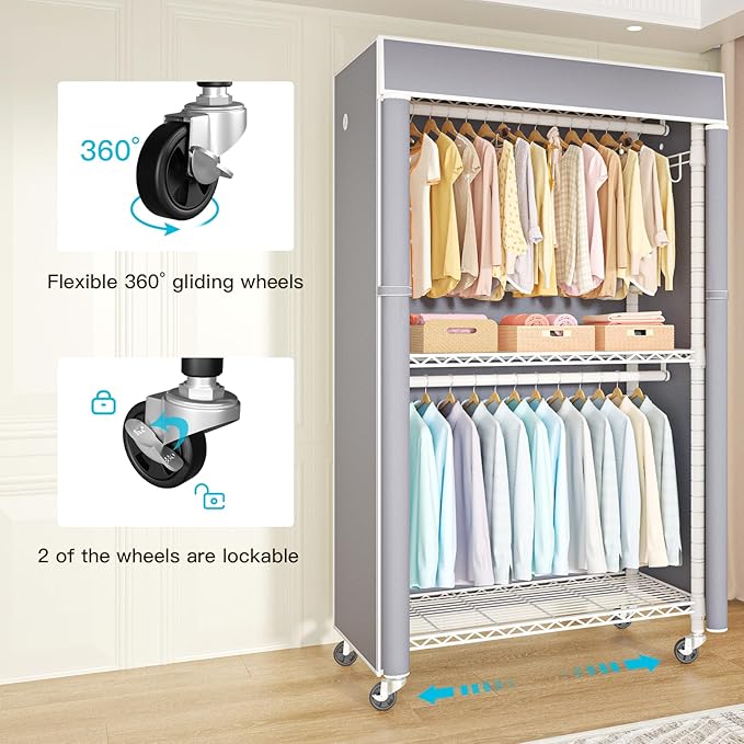 FUTASSI White Clothing Rack with Grey Cover, P1C Rolling Closets | Metal Garment Rack for Hanging Clothes, Clothing Storage Wardrobe, with Wheels