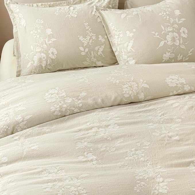 PHF Stone-Washed 100% Cotton Duvet Cover Set Queen Size, 90"x90", Oak | Elegant Floral Jacquard Woven, Ultra Soft Breathable All Season Bedding Set for Adults, 3pcs with 2 Pillow Shams, No Filling