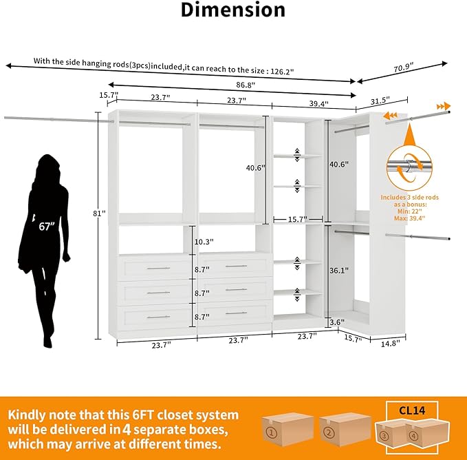 Closet System with 6 Drawers, Corner Closet Organizer Systems with 8 Shelves & 7 Hanging Rods L-Shaped Walk in Closet Freestanding Corner Tower Modular Storage System 3 Sets 2100+ Lbs Capacity White