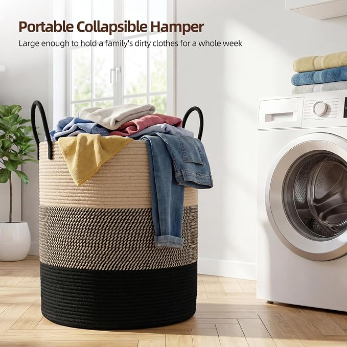 OIAHOMY 60L Nursery Hamper Laundry Basket Laundry Hamper Yellow/Black | collapsible Blanket Basket Cotton Rope Woven Basket Dirty Clothes Hamper Baby Hamper Tall Clothes Hamper with Handles