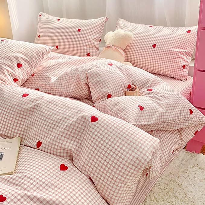 Nayoroom Gingham Duvet Cover Twin Size Pink Plaid Red Heart Printed on White Bedding Set 2 Pcs Kids Girls Cute Heart-Shaped Comforter Cover with Zipper Closure Soft Breathable Microfiber