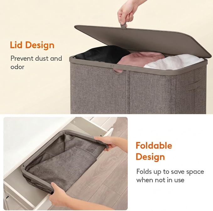 Lifewit 185L 3 Section Laundry Hamper with Lid, Laundry Basket, Brown | Large Foldable Laundry Sorter with 3 Removable Bags, Tall Clothes Hamper for Bedroom and Bathroom