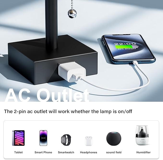 White Bedside Lamps for Bedroom Set of 2 - Small Rectangular Nightstand Lamp with AC Outlet Charging Port, 3 Color Temperatures Desk Light with Bulb, Tabletop Reading Lamp for Living Room/Dorm/Office | AC Outlet, 3 Color Temperatures, LED Bulb Included...