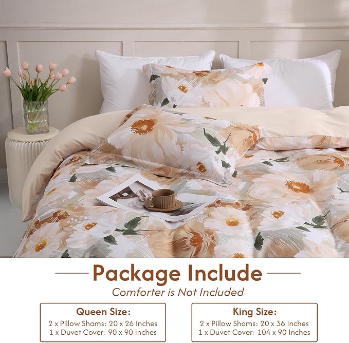 LONAVA King Flower 3 Pcs Duvet Cover Set, Breathable Soft Microfiber Biege Lining Comforter Cover with Zipper Closure, and 2 Anti-Pilling, Fade Resistant Pillowcases, Golden Flower