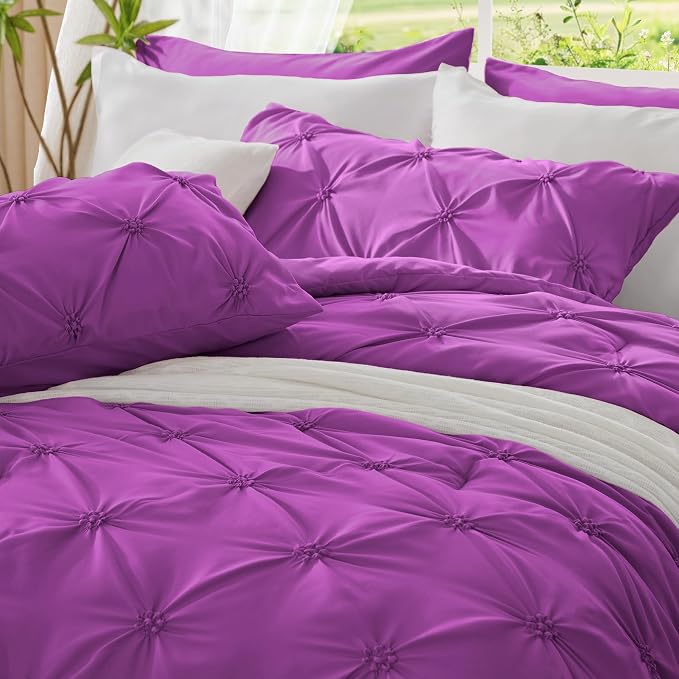 BEDELITE Queen Comforter Set Purple,Lightweight & Soft Comforter | Pintuck Boho Bedding, Warm & Cute Bed Set for All Season,With 2 Pillowcases