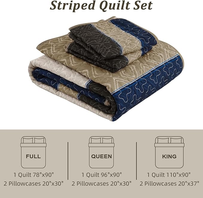 Cottolester Quilt Set Full,Brown Blue Striped Plaid Bedspread Coverlet Set | Lightweight Coverlets Set with 2 PillowShams,All Seasons Microfiber Boho Quilt Bedding Sets for Bedroom Guest Room 78"x90"