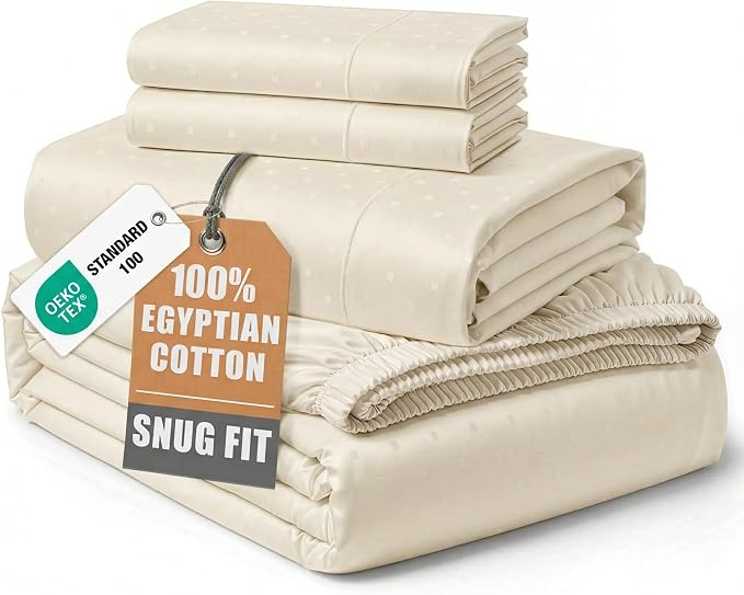 LANE LINEN King Bed Sheet Set 100% Egyptian Cotton Sateen - Ivory | King Size Cotton Sheets - 4-Piece Set, For A Luxurious Night's Sleep, For Guests And Everyday Use, Luxe Sheen,