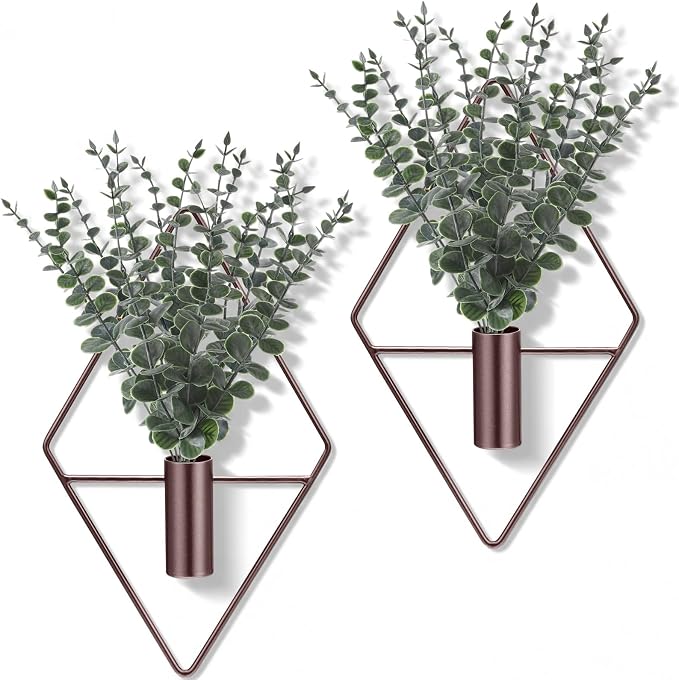 Jexine 4 Pcs Hanging Planters with Artificial Eucalyptus Metal Hanging Vase Indoor Plants Holder Modern Geometric Boho Bathroom Wall Decor for Living Room Home Office, Bronze