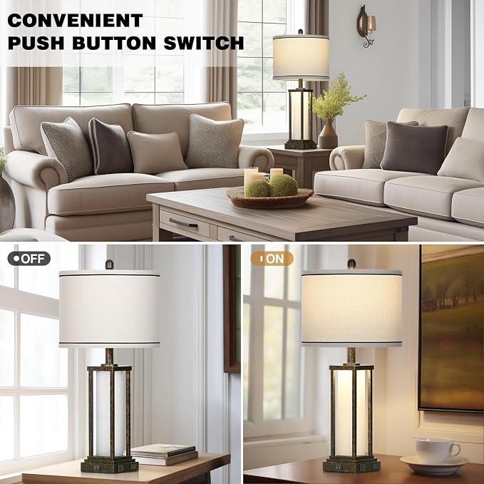 Cinkeda 27" Tall Vintage Table Lamp with USB C+A & Outlet,Bronze Industrial End Table Lamp for Living Room,Farmhouse Rustic Bedside Lamp with Frosted Glass Night Light for Bedroom Nightstand,Bronze-1P
