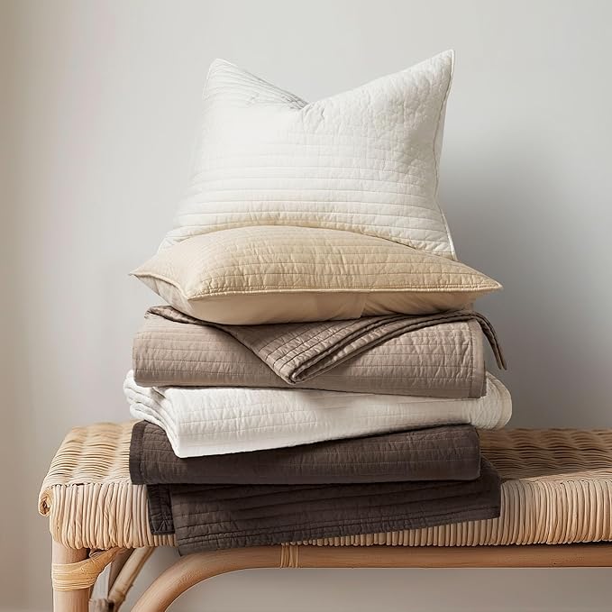 EVERGRACEHOME Cotton Sateen Quilt Set, Queen Size, Stone Taupe | 100% Cotton, Channel Stitch Coverlet Bedspread, Pre-Washed Lightweight Soft Bedding Set for All Season, 3 Piece, with 2 Shams