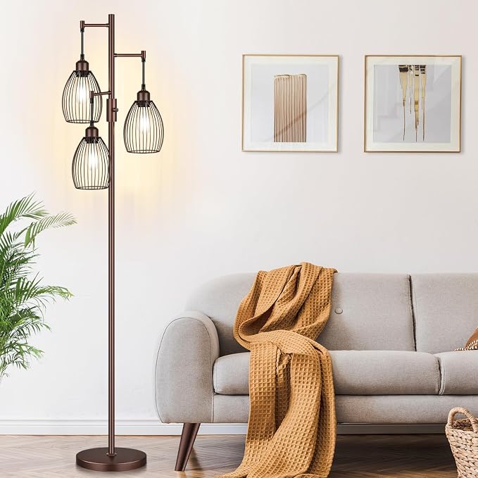 Torondo Dimmable Farmhouse Industrial Floor Lamp, Matte Brown Tree Standing Tall Lamps with 3 Elegant Teardrop Cage Head & 800 Lumens LED Edison Bulbs for Living Room Bedroom Office Dining Room