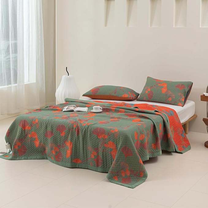 100% Cotton Muslin Blanket Jacquard Green Orange Floral Ginkgo Leaves Quilt, Soft Bed Cover Lightweight Breathable Gauzy Reversible Bedspread Coverlet Full/Queen(78"x94"), No Pillow Sham