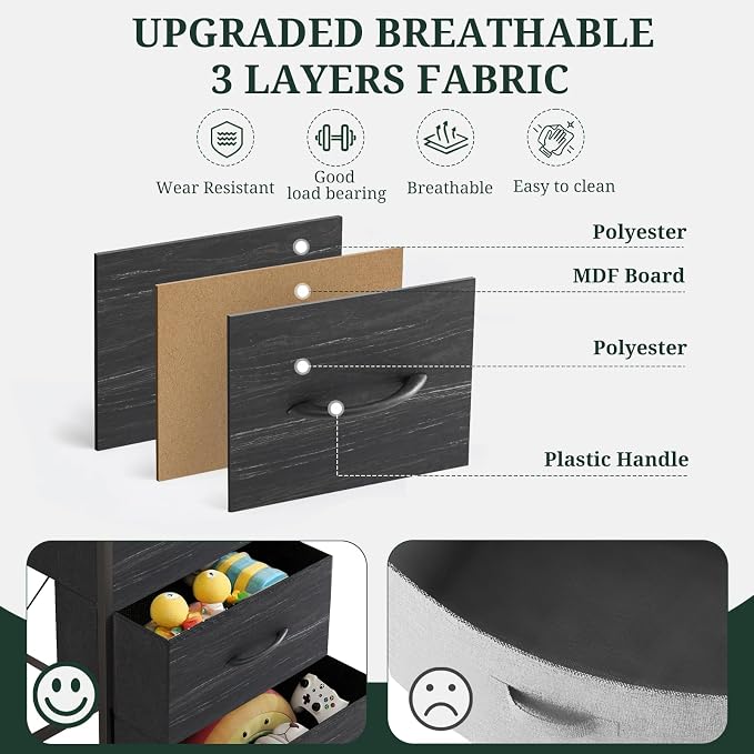 4 Drawers Dresser for Bedroom Fabric Storage Tower with Wooden Top | Steel Frame Tall Chest of Drawers for Closet, Entryway, Dorm, Charcoal Black