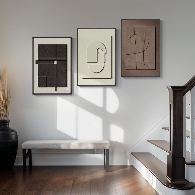 3D Textured Framed Abstract Wall Art Set, 3 Piece Modern Artwork, 16x24 In | Solid Wood Frames, Sandstone Textured Paintings, Black White Brown Sculptural Pictures Wall Decor Living Room Bedroom Office