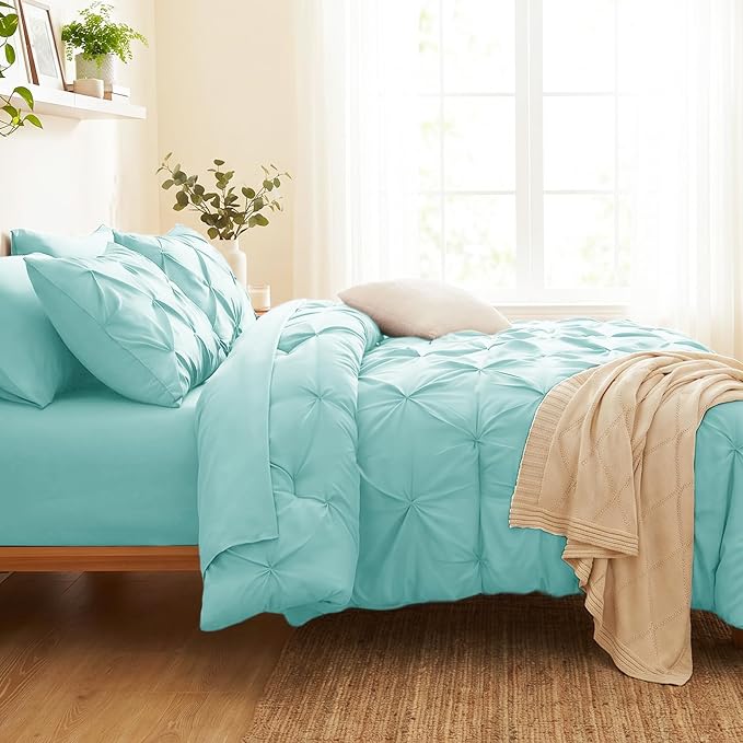 King Size Comforter Set Spa Blue, 7 Pieces Pintuck Bed in a Bag | OEKO-TEX 100 Certified, 240GSM All Season, Bedroom, Guest Room, Down-Alternative Comforter, Sheets, Pillowcases & Shams