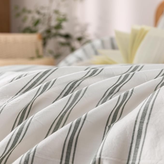 BESTOUCH Striped Cotton Duvet Cover Set Linen Feel California King | 100% Washed Cotton, Soft Wrinkle Texture, Hidden Zipper, 8 Ties, Breathable Lightweight Durable Comfy, 3 Pcs No Insert